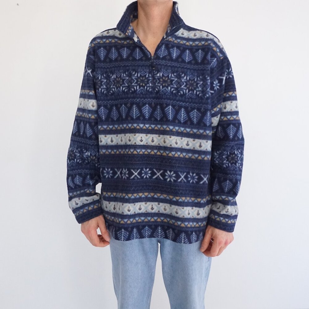 Vintage R&R Blue Nordic Snowflake Fair Isle Fleece Quarter Zip Pullover Jacket L